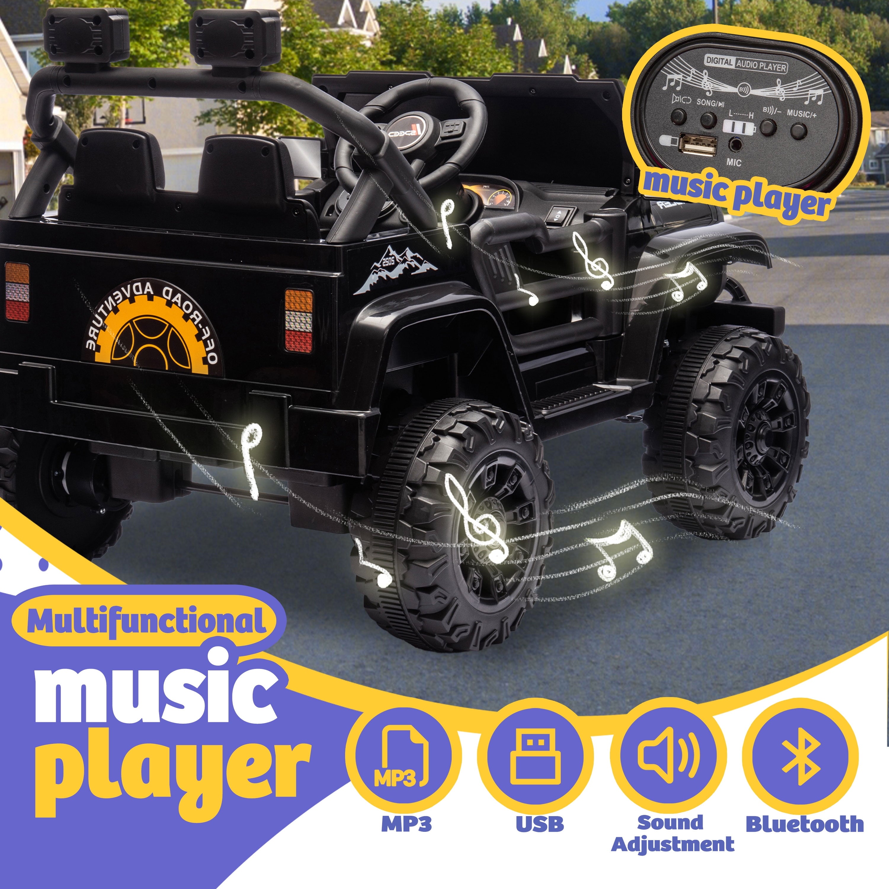 Track Seven  12V Kids Ride on Truck, Electric Car with Remote Control, Off-Road Truck for Boys Girls age 3+, Music, Bluetooth, Spring Suspension with DIY Stickers, Black