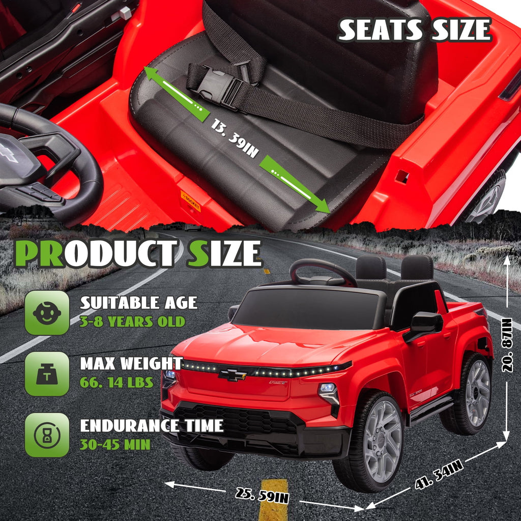 Track Seven 24V Ride on Car, Licensed Chevrolet Silverado Electric Car Truck with Remote Control, Bluetooth, LED Lights, Power Display, Rear Storage Ride on Toy Car for Boys Girls Age 3+, Red