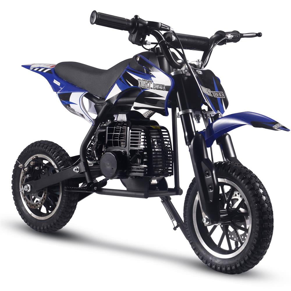Track 7 50CC 2-Stroke Kid Dirt Bike, Off Road Gas Motorcycle, Trail Bike Up to 25Mph, EPA Approved Kids Gas Dirt Bike W/Rear Suspension, Pull Start, Front & Rear Disc Brake, Blue