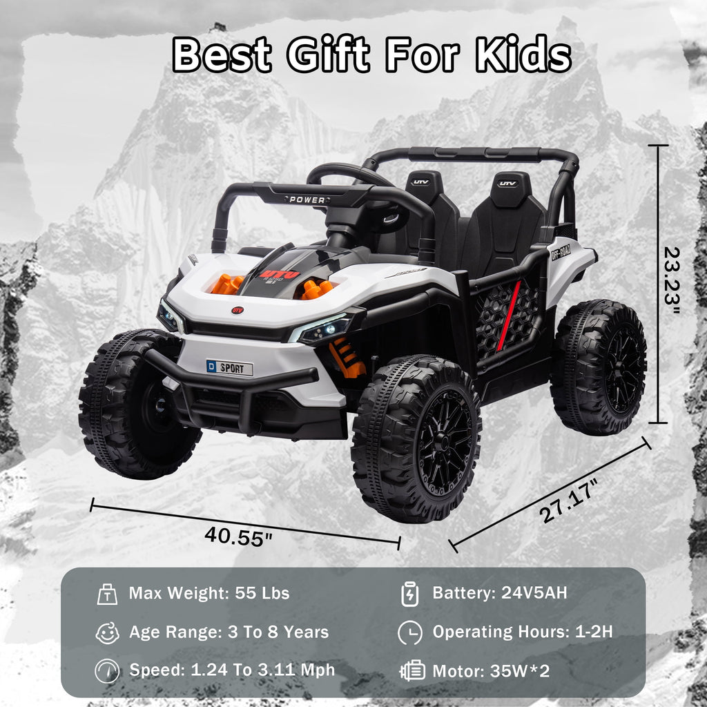 Track 7 24V Ride on UTV, Kids Ride on Car with Remote Control, Off-Road Electric UTV, 20" Large Seat, Bluetooth, LED Lights, Rear Storage, Early Education, Electric Car for Kids Age 3+, White