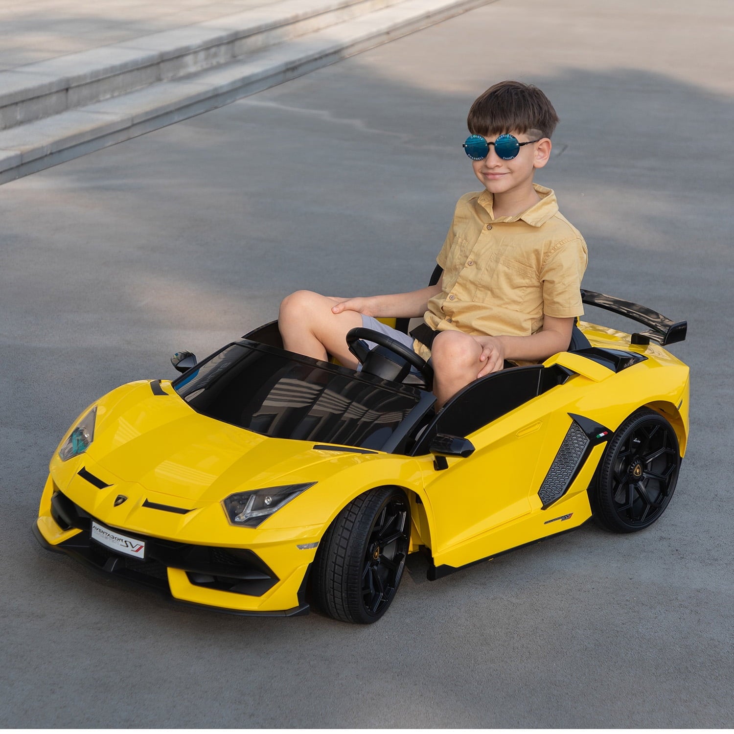 Track 7 24V Ride on Car, Licensed Lamborghini Drifting Car, 2-Seater Electric Car with Remote Control, MP3, LED Lights, PU Seat, Portable Handle, Yellow