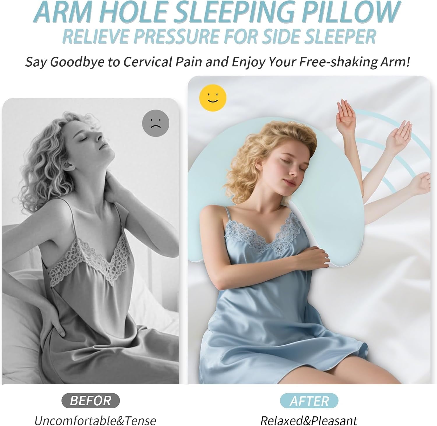 COOKCOK Side Sleeper Pillow with Arm Hole, 2PCS Pillowcase, Ergonomic Cooling Arm Pillow for Adults, Cervical, Neck, Shoulder, Rotator& Cuff, Ideal for Side Sleepers-Blue