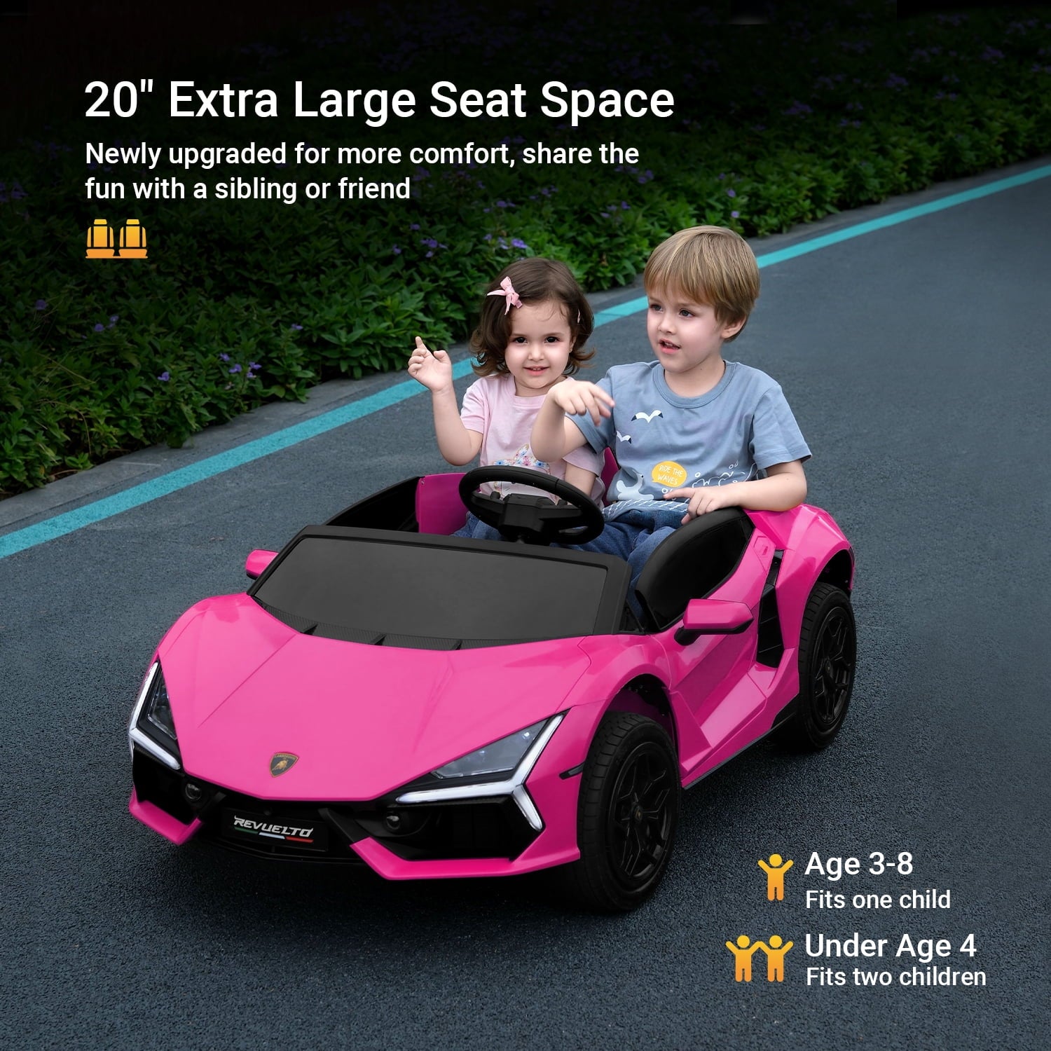 Track Seven 24V 2-Seater Ride on Car, Licensed Lamborghini Revuelto Electric Car with Remote Control, Music, LED Lights, Key Start, Spring Suspension, Max Speed 4.3mph, 24V Ride on Toy Car, Pink