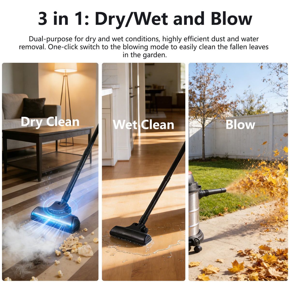 COOKCOK 8 Gallon Wet/Dry Shop Vacuum, 6 Peak HP Stainless Steel Professional Vacuum Cleaner with Blower Function, 3-in-1 Heavy Duty Shop Vac for Home, Garage, Workshop and Jobsite