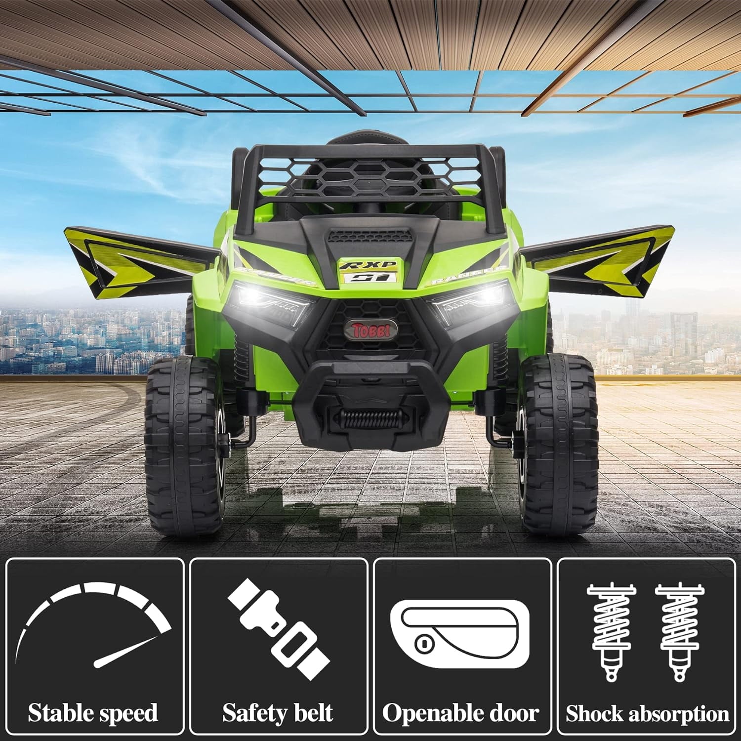 Track 7 12V Kids Ride on Truck, Electric Off-Road UTV Truck with Forward and Reverse Functions, Double Open Doors, Safety Belt, Music and Lights for Kids Aged 3-6 Years, 5 Mph Max Speed, Green