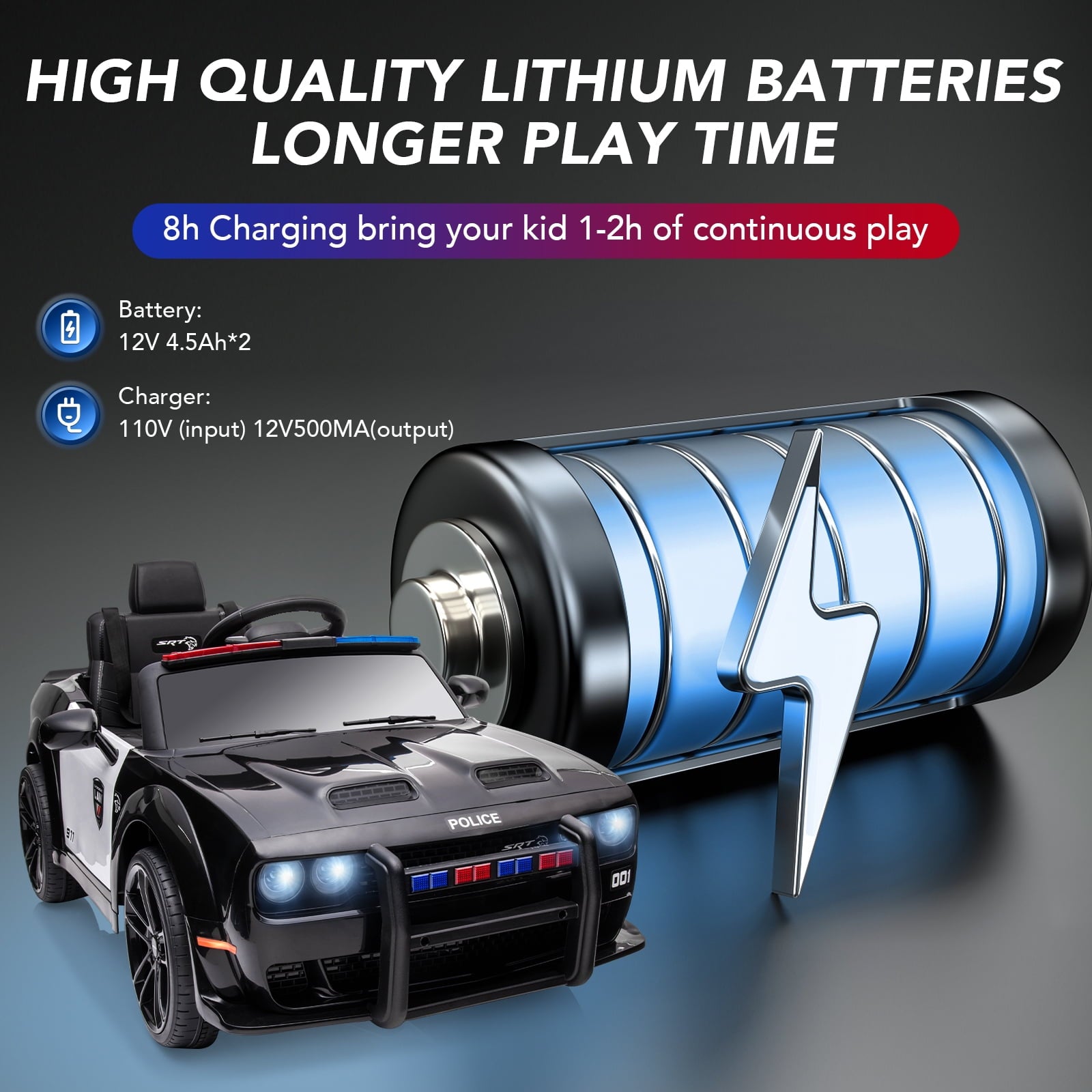 Track 7 Kids Ride on Police Car, Licensed Dodge Challenger SRT 12V Electric Car for Kids Age 3+, Remote Control, Music
