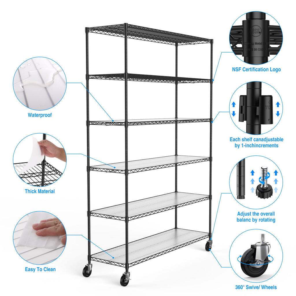 COOKCOK 6-Tier Wire Shelving Unit, Height Adjustable Metal Storage Shelf, 48" x 18" x 82" Garage Storage Shelves with Wheels, 600lbs Capacity, Heavy Duty Wire Rack with PE Mat, NSF Certified, Black