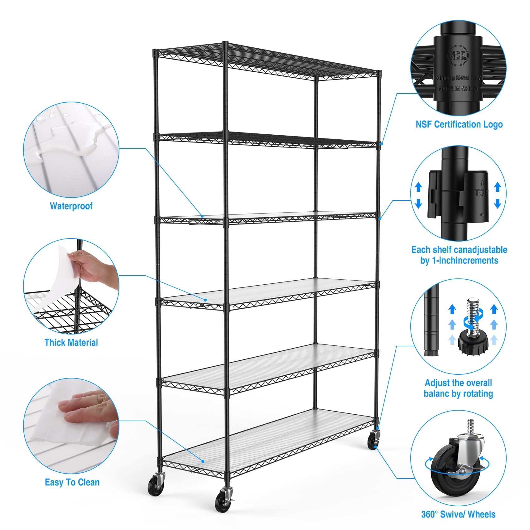 COOKCOK 6-Tier Wire Shelving Unit, Height Adjustable Metal Storage Shelf, 48" x 18" x 82" Garage Storage Shelves with Wheels, 600lbs Capacity, Heavy Duty Wire Rack with PE Mat, NSF Certified, Black