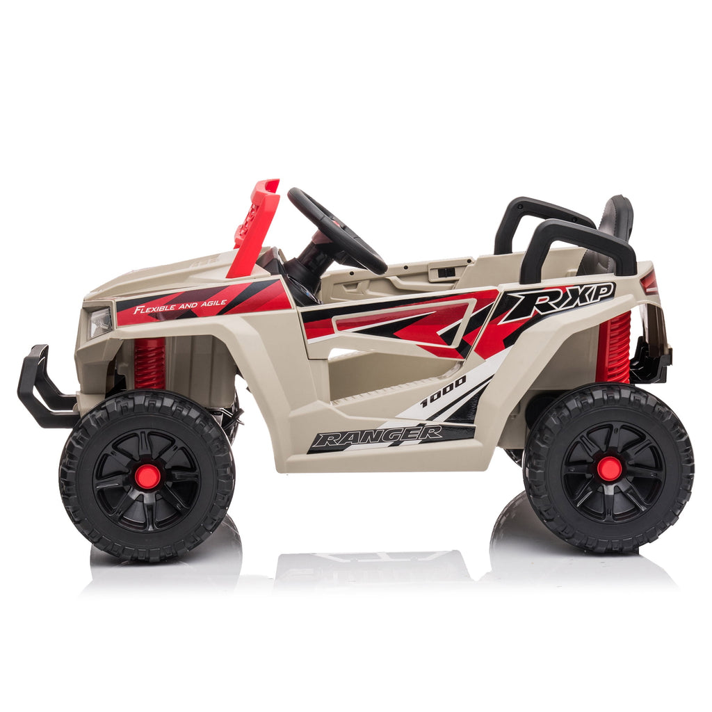 Track 7 12V Kids Ride on Truck, Electric Off-Road UTV Truck with Forward and Reverse Functions, Double Open Doors, Safety Belt, Music and Lights for Kids Aged 3-6 Years, 5 Mph Max Speed, Brown