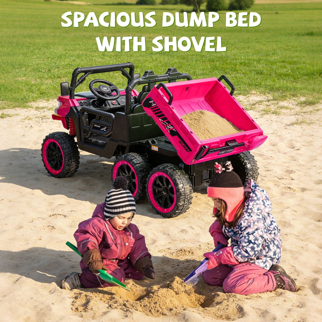 Track Seven 24V 2-Seater Ride on Dump Truck, 4WD 6-Wheel Kids Ride on Car w/Remote Control, Electric Dump Bed, Toy Shovel, Music, Max 5 mph, 20" Large Seat, Ride on Toy for Boys Girls Age 3+, Pink