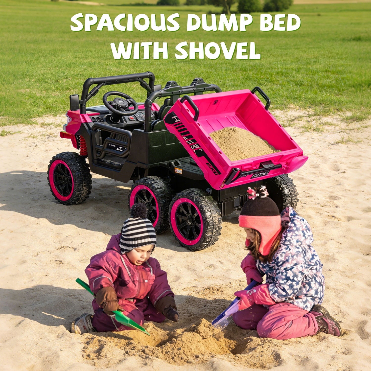 Track Seven 24V 2-Seater Ride on Dump Truck, 4WD 6-Wheel Kids Ride on Car w/Remote Control, Electric Dump Bed, Toy Shovel, Music, Max 5 mph, 20" Large Seat, Ride on Toy for Boys Girls Age 3+, Pink