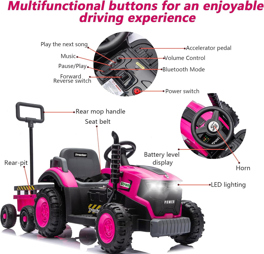 Track Seven 12V Ride on Tractor with Detachable Trailer, Kids' Electric Vehicles with LED Lights, Music, Remote Control Tractor Toy for Boys Girls Aged 3+, 12V Ride on Toys Car for Kids, Pink