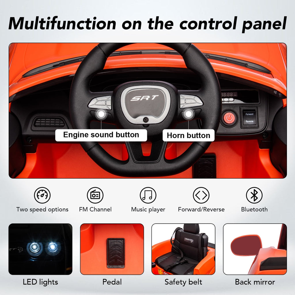 Track 7 Kids Ride on Car, Licensed Dodge Challenger SRT 12V Electric Car for Kids Age 3+, Remote Control, Music