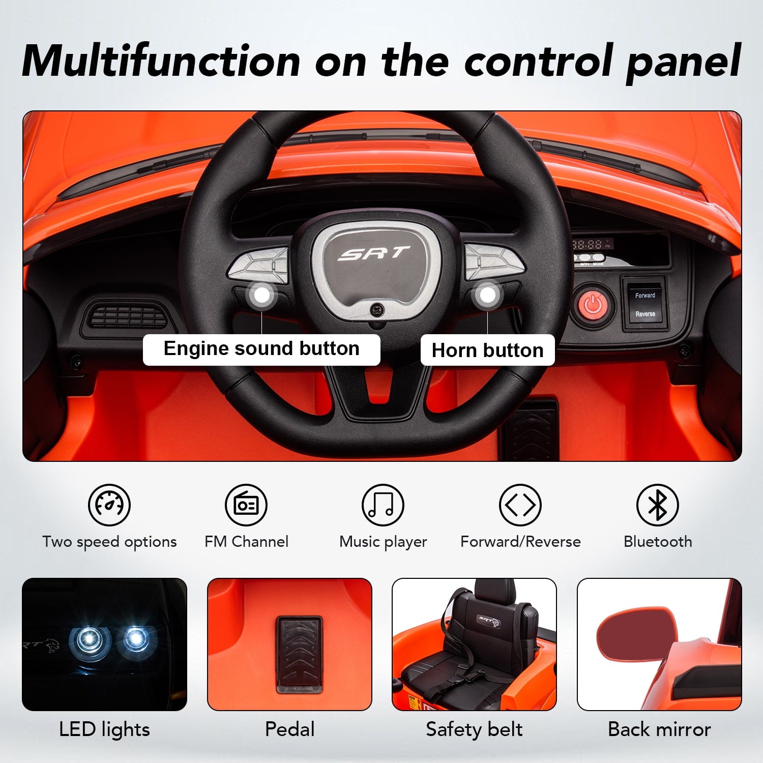 Track 7 Kids Ride on Car, Licensed Dodge Challenger SRT 12V Electric Car for Kids Age 3+, Remote Control, Music