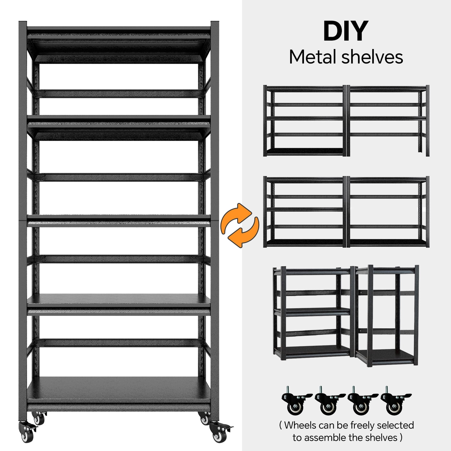 COOKCOK 5-Tier Storage Shelving Unit, Metal Shelf with Wheels, 35.4"x15.8"x72", Adjustable Garage Storage Shelf, Load Up to 2500LBS, Kitchen Shelf with Protective Side