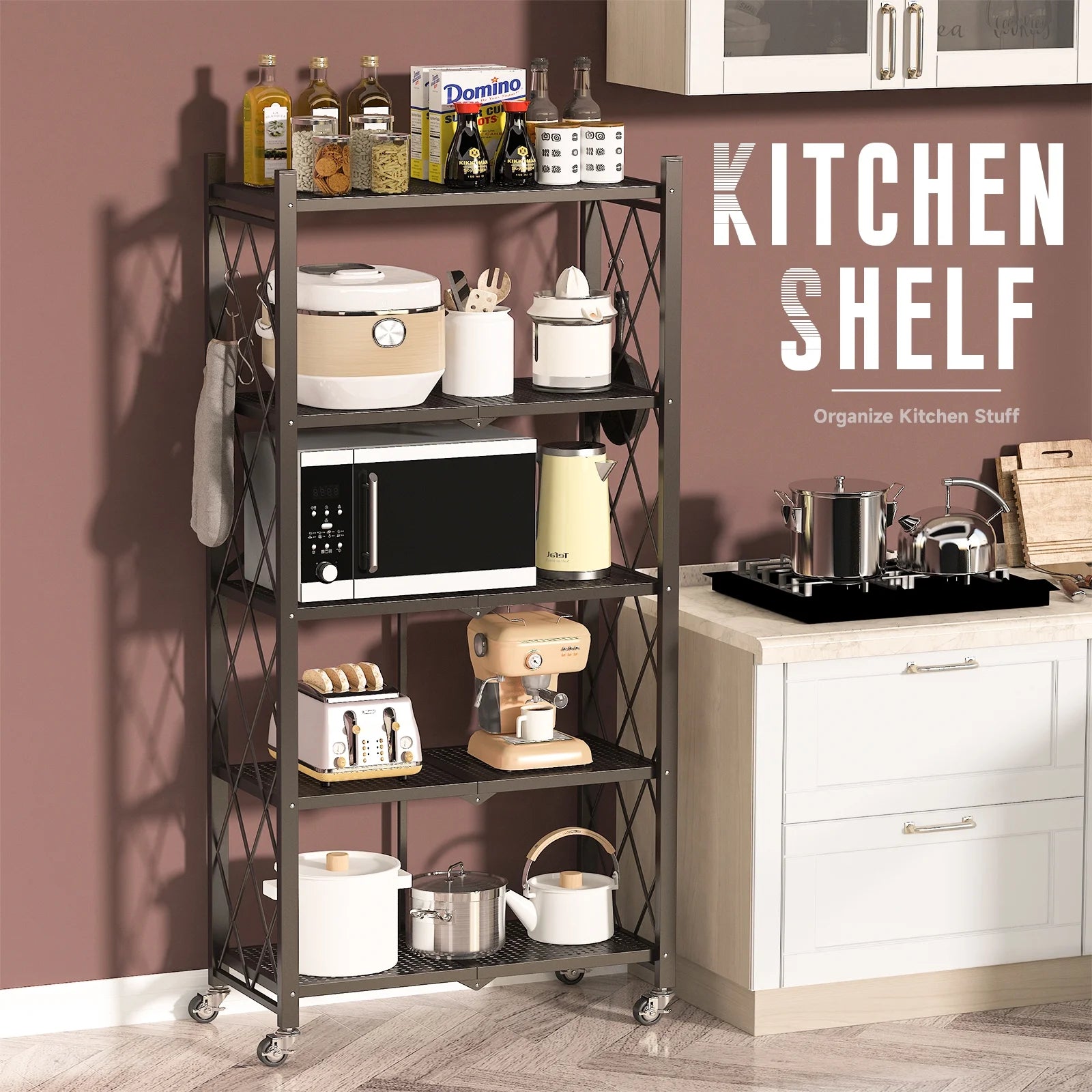 COOKCOK 5-Tier Storage Shelving Unit, Metal Shelf 27.9"x13.4"x62.5, Foldable Storage Shelf with Wheels, Garage Shelf, Metal Storage Rack, Kitchen Shelf with 4 Hooks