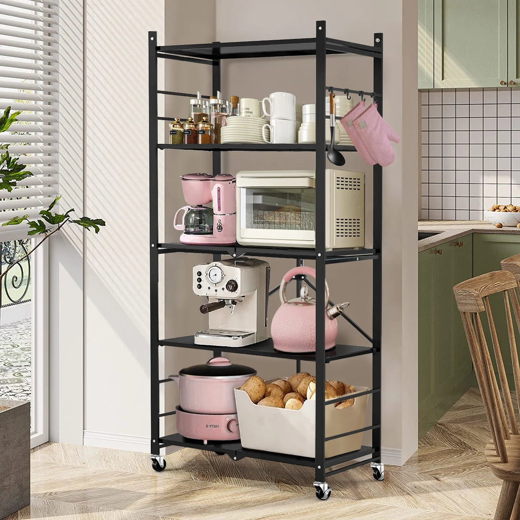 COOKCOK 5-Tier Storage Shelving Unit, Metal Shelf, Adjutable Height, Foldable Storage Shelf with Wheels, Garage Shelf, Kitchen Shelf, Side Protective, 550lbs Capacity, Black