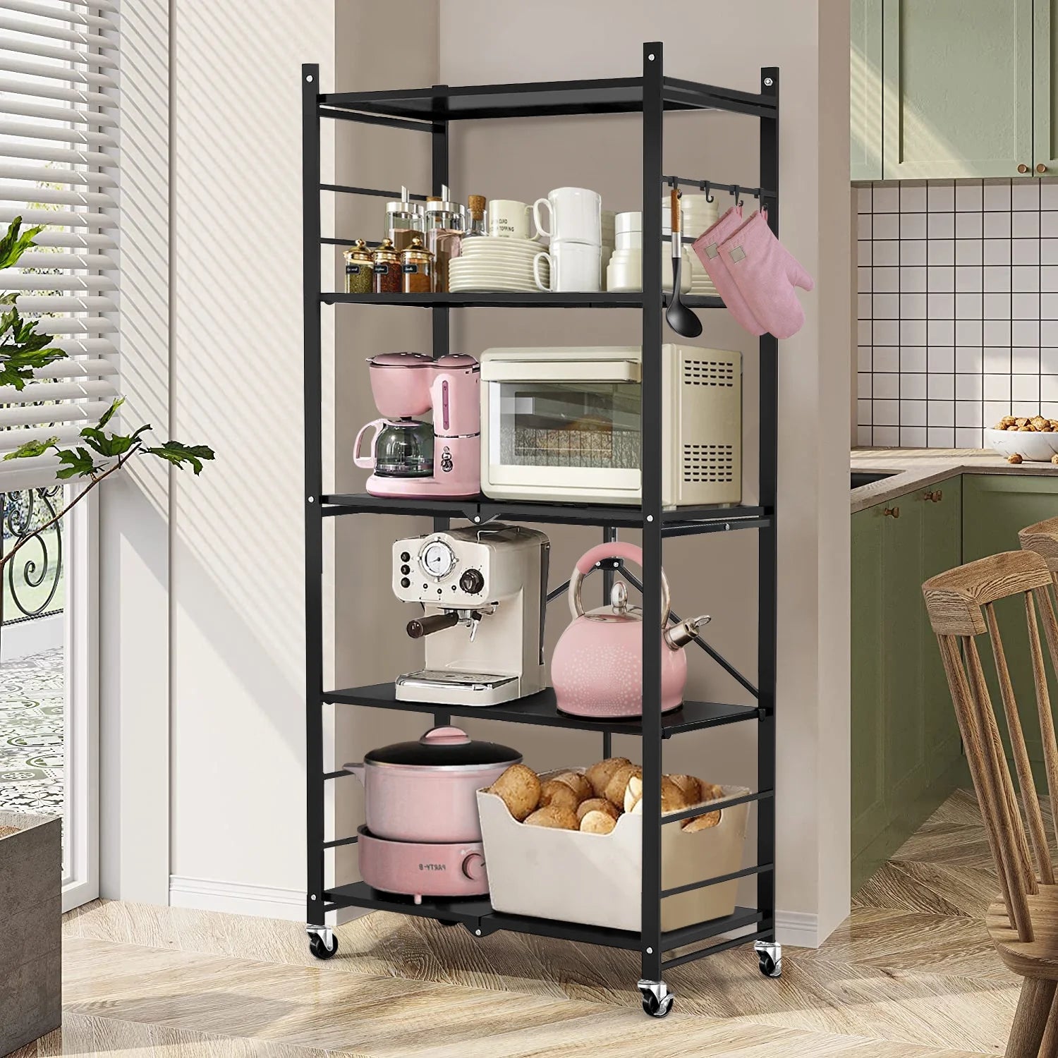 COOKCOK 5-Tier Storage Shelving Unit, Metal Shelf, Adjutable Height, Foldable Storage Shelf with Wheels, Garage Shelf, Kitchen Shelf, Side Protective, 550lbs Capacity, Black