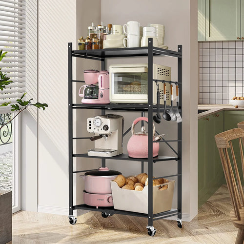 COOKCOK 4-Tier Storage Shelving Unit, Metal Shelf, Adjutable Height, Foldable Storage Shelf with Wheels, Garage Shelf, Kitchen Shelf, Side Protective, 400lbs Capacity, Black