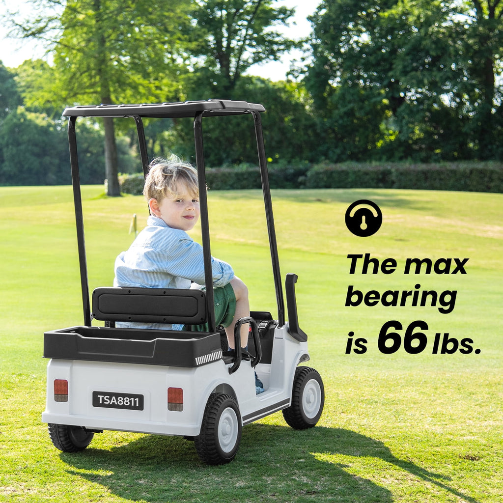 Track Seven 24V Ride on Car, Electric Golf Cart with Ceiling, Ride on Truck with Remote Control, Music, Rear Storage Box, Electric Car for Boys Girls Age 3+, 18.5" Large Seat with Armrests, White