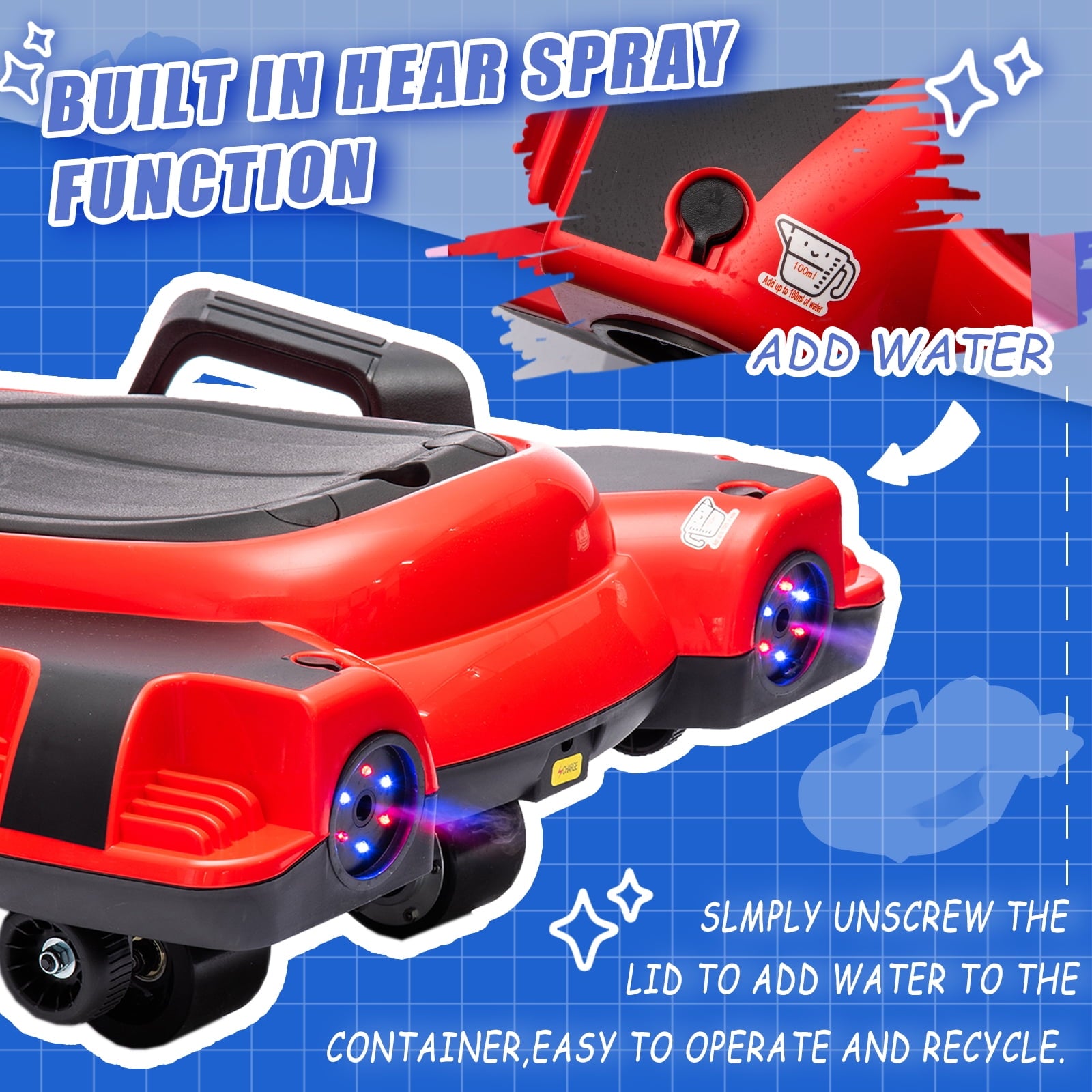 Track 7 24 V Ride on Car with Helmet, Knee Pads, Gloves, Devilfish Pattern Ride on Electric Scooter with Spray Function, Gravity Steering, Music, Hnadrails, Max Speed 6.84 mph, Red