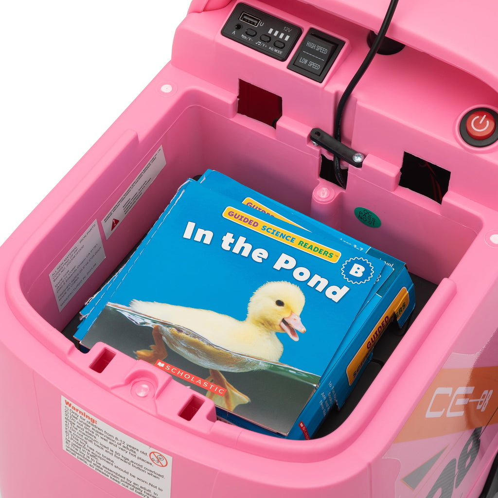 Track 7 12V Ride on Car, Kids Ride on Box, Electric Box Car with High-Low Speeds, Variable Speed Throttle, MP3, USB, Storage, Max Speed 5mph, Pink