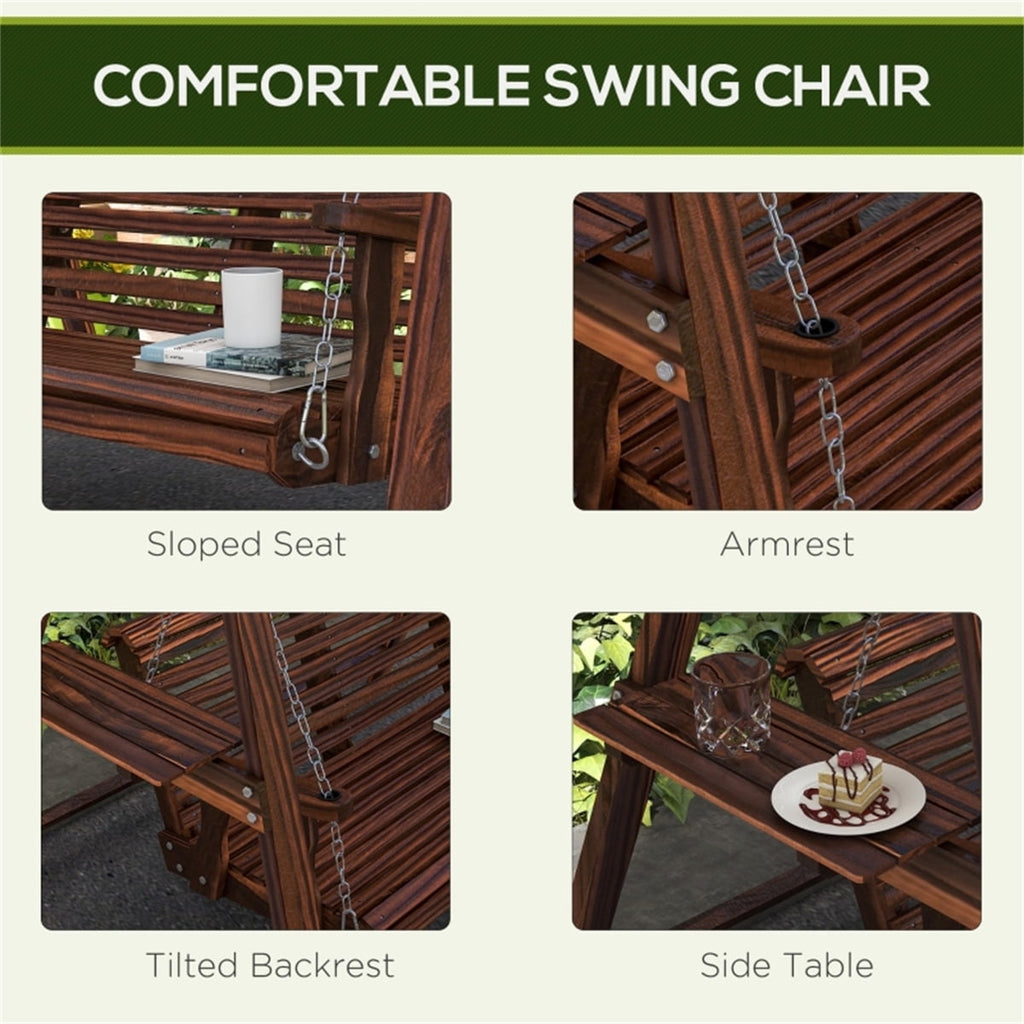 COOKCOK  2-Seat Porch Swing with Stand,  528 lbs Capacity Wooden Patio Swing Chair with Stand and Side Tables for Garden, Poolside & Backyard, Brown