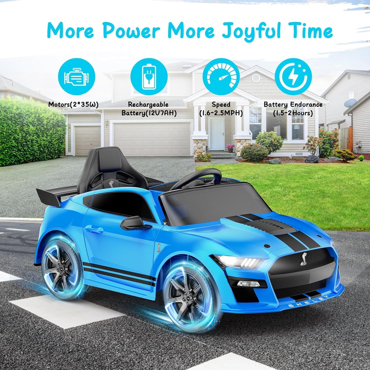 Track 7 12V Ride on Car, Licensed Ford Mustang Shelby GT500 Ride on Car with Remote Control, LED Lights, Music & Bluetooth, Electric Car for Boys Gilrs Age3+, Blue