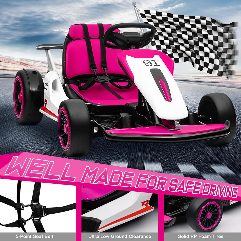 Track 7 24V Electric Ride-On Go Kart for Kids, 2x150W Powerful Motor,  Drift Kart with 5 MPH Max Speed, High/Low Speed,  Drift/Sports Mode,  Battery-Powered Drifting Car for Children, Rosy