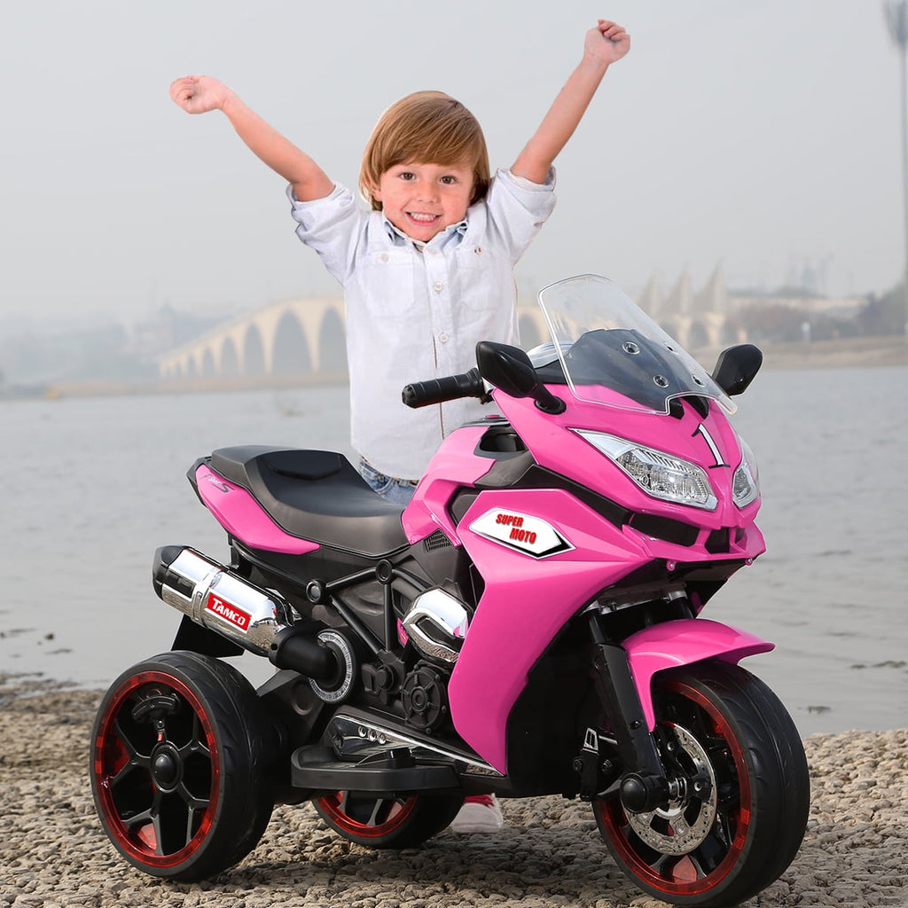 Track 7 12V Kids Ride on Motorcycle, 3 Wheels Electric Trike Motorcycle for Boys and Girls, Light Wheels, Music, Headlights, Pink