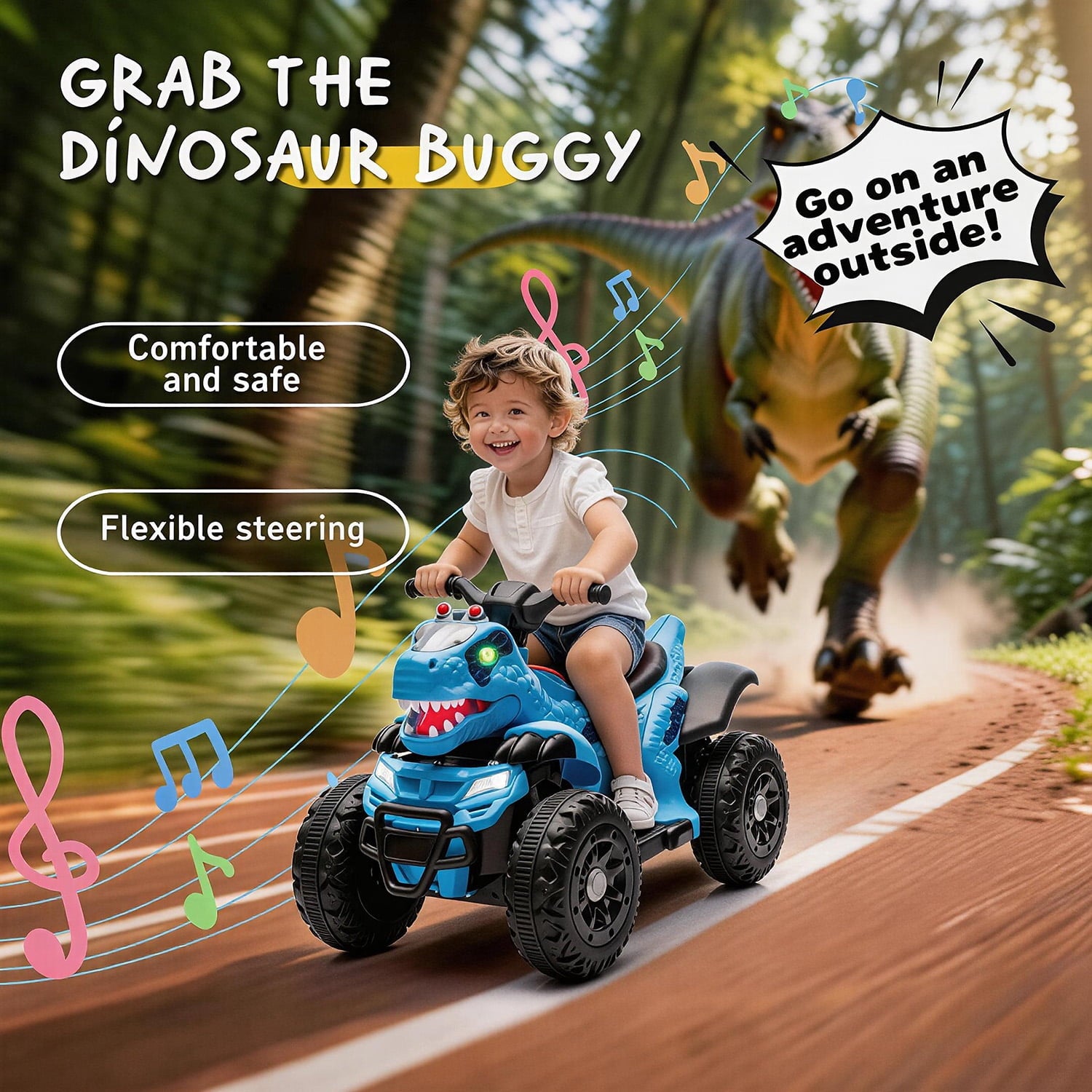 Track Seven 12V Ride-On ATV, Dinosaur Shape Electric Car, 2WD, Music, Bluetooth, Power Display, Indoor& Outdoor Ride-On Toy Car for Boys Girls Age 2+