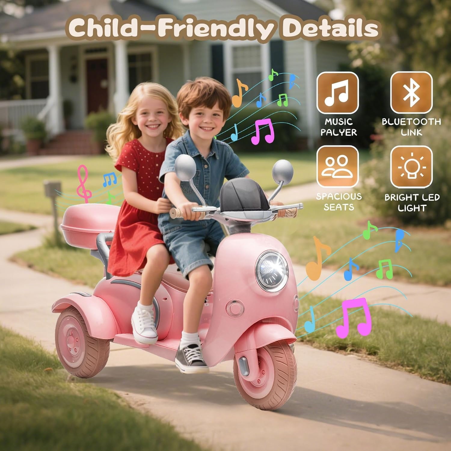 Track Seven 12V Ride on Motorcycle, 2-Seater Electric Motorcycle with Dual Motor, 3 Wheels Motorbike with Bluetooth, LED Lights, Storage Box, Front Hook, Ride on Toy Car for Boys Girls Aged 3+, Pink