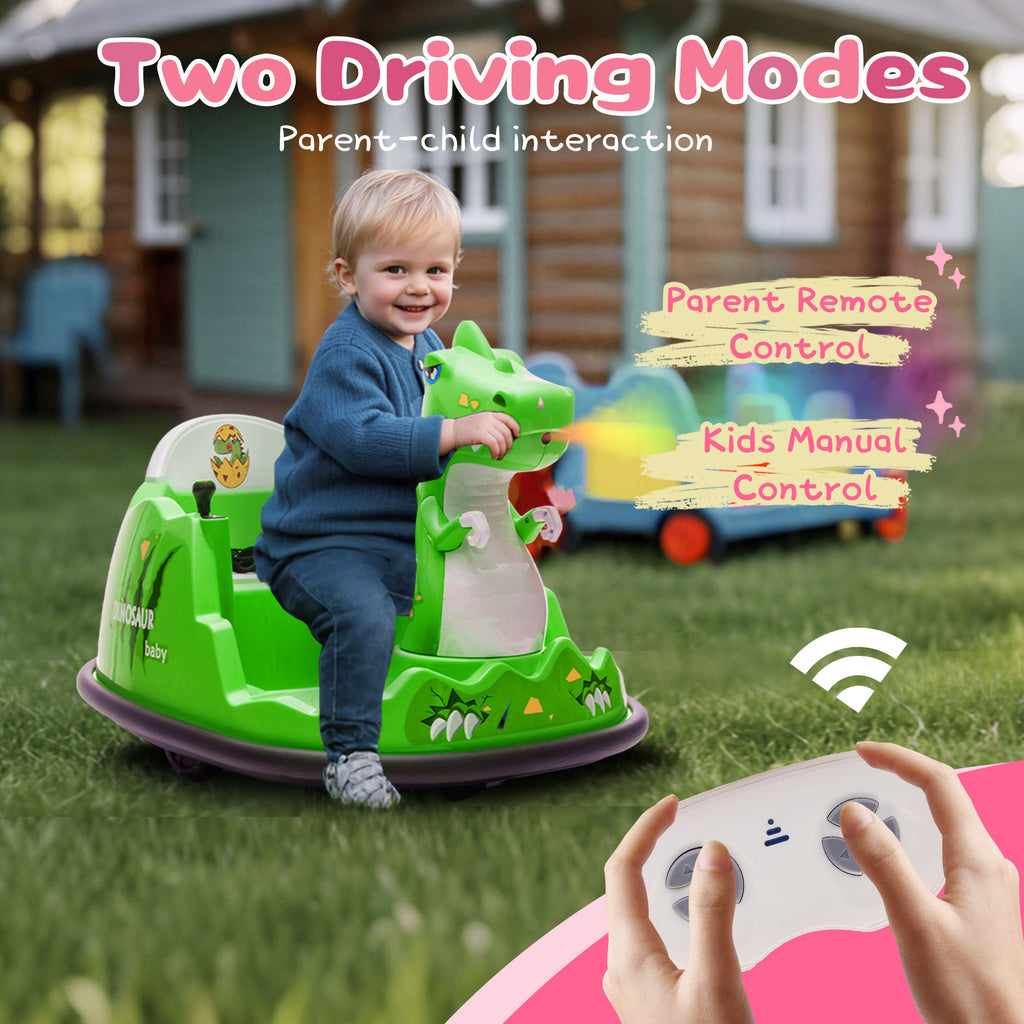 Track Seven 12V Kids Ride-on Toy with Remote Control, Dinosaur Shape Design, Bumper Car, Spray With Light, 360 Degree Rotation, Safety Anti-Collision Strip, Large Size Seat Design For Kids 2-5,Green