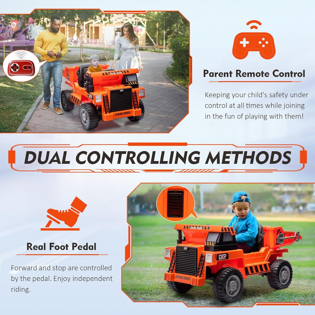 SUSIELADY 12V Kids Ride on Car, Ride On Truck with Dump Bed, Shovel, Phone stand, Ride on Construction Vehicle with Remote Control, Music, USB, Story