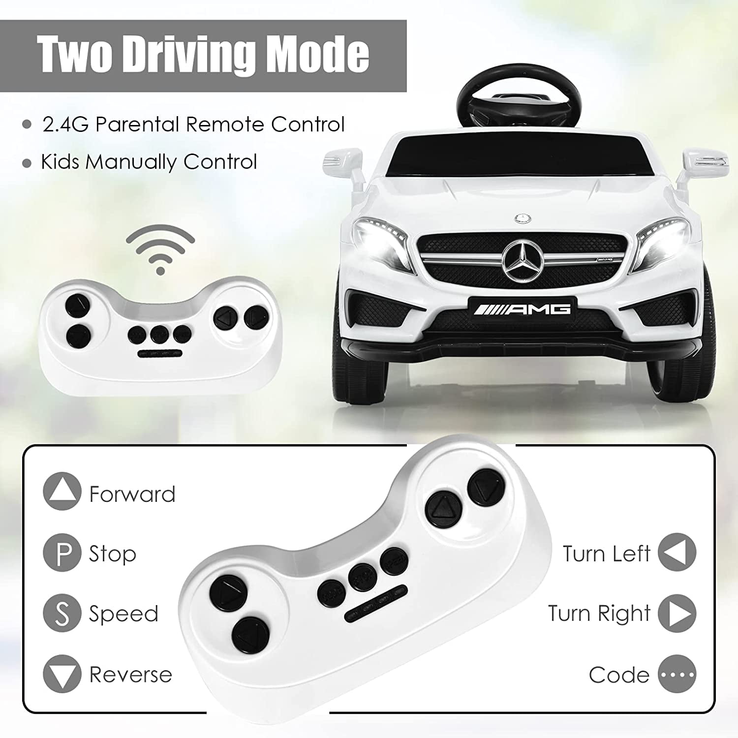 Track 7 6V Ride on Car, Licensed Mercedes Benz AMG GTR Battery Powered Electric Vehicle, w/Parent Remote, Wider Seat, LED Lights, 5-point Belt, MP3 Player, Smooth Start, White