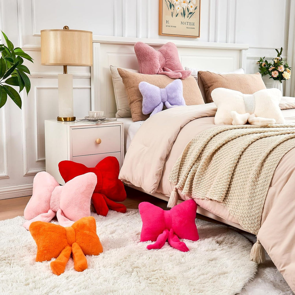 COOKCOK Bow Pillow, Soft Bow Decorative Throw Pillows with Faux Rabbit Fur, Cute 12" Bow Throw Pillows for Home Decor, Plush Pillow for Bedroom Sofa Couch, Pink