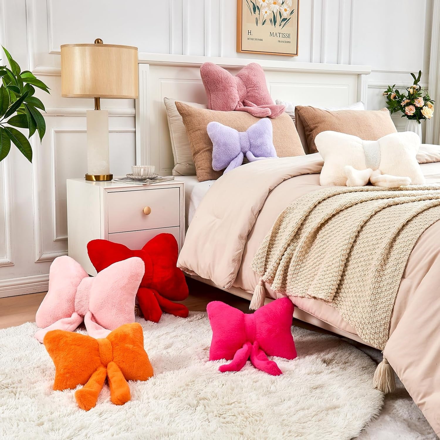COOKCOK Bow Pillow, Soft Bow Decorative Throw Pillows with Faux Rabbit Fur, Cute 16" Bow Throw Pillows for Home Decor, Plush Pillow for Bedroom Sofa Couch, Pink