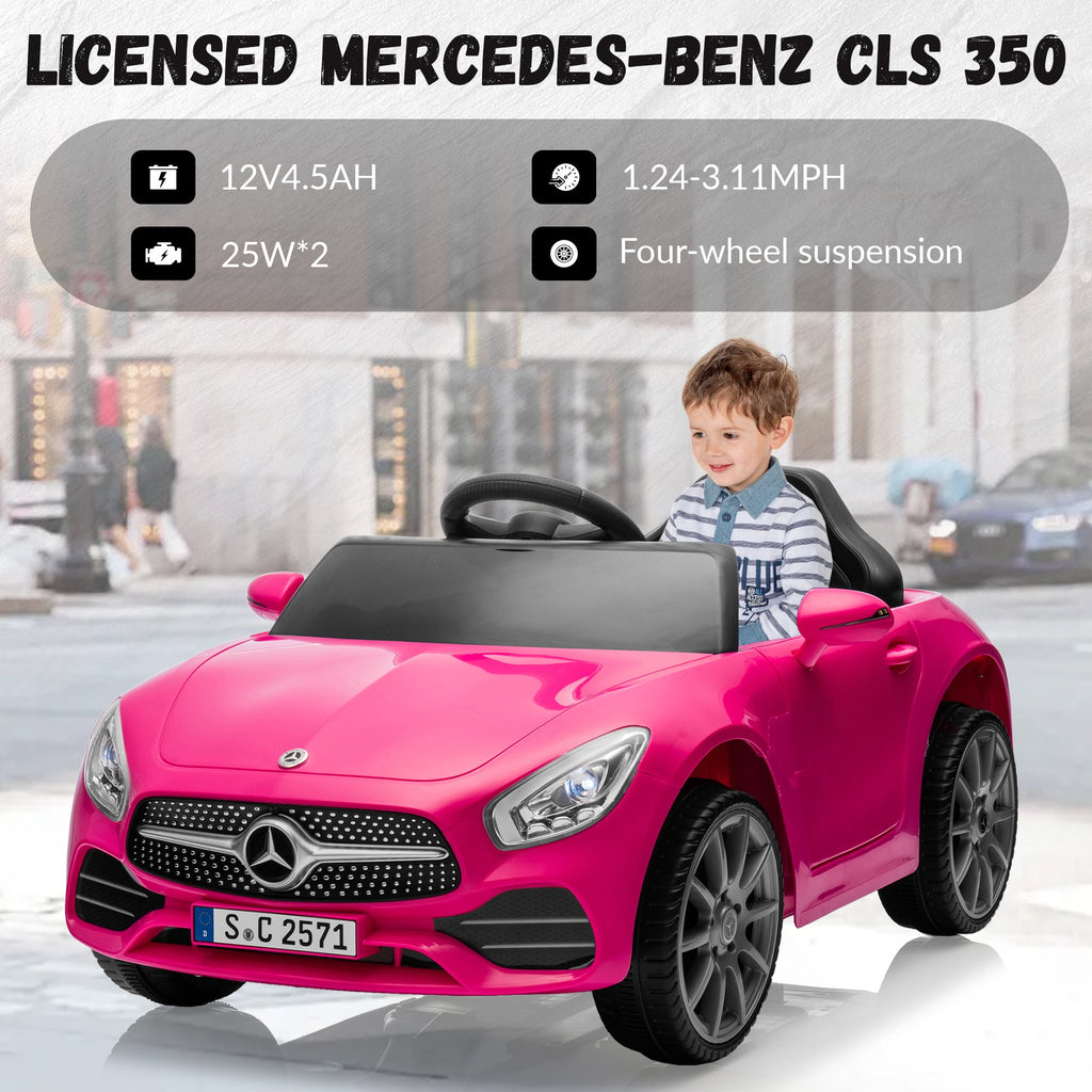 Track 7 12V Kids Ride On Car Licensed Mercedes Benz CLS 350, Electric Car with Remote Control, LED Lights, Music, USB, Power Display, Outdoor Toys for Boys Girls Toddlers Ages 2-4, Pink