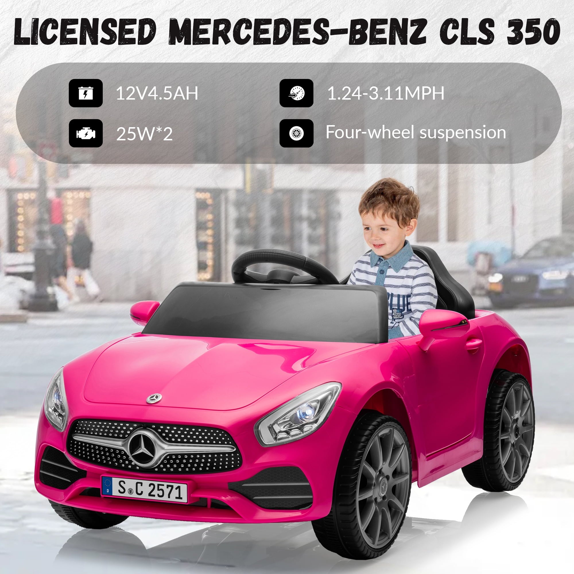 Track 7 12V Kids Ride On Car Licensed Mercedes Benz CLS 350, Electric Car with Remote Control, LED Lights, Music, USB, Power Display, Outdoor Toys for Boys Girls Toddlers Ages 2-4, Pink