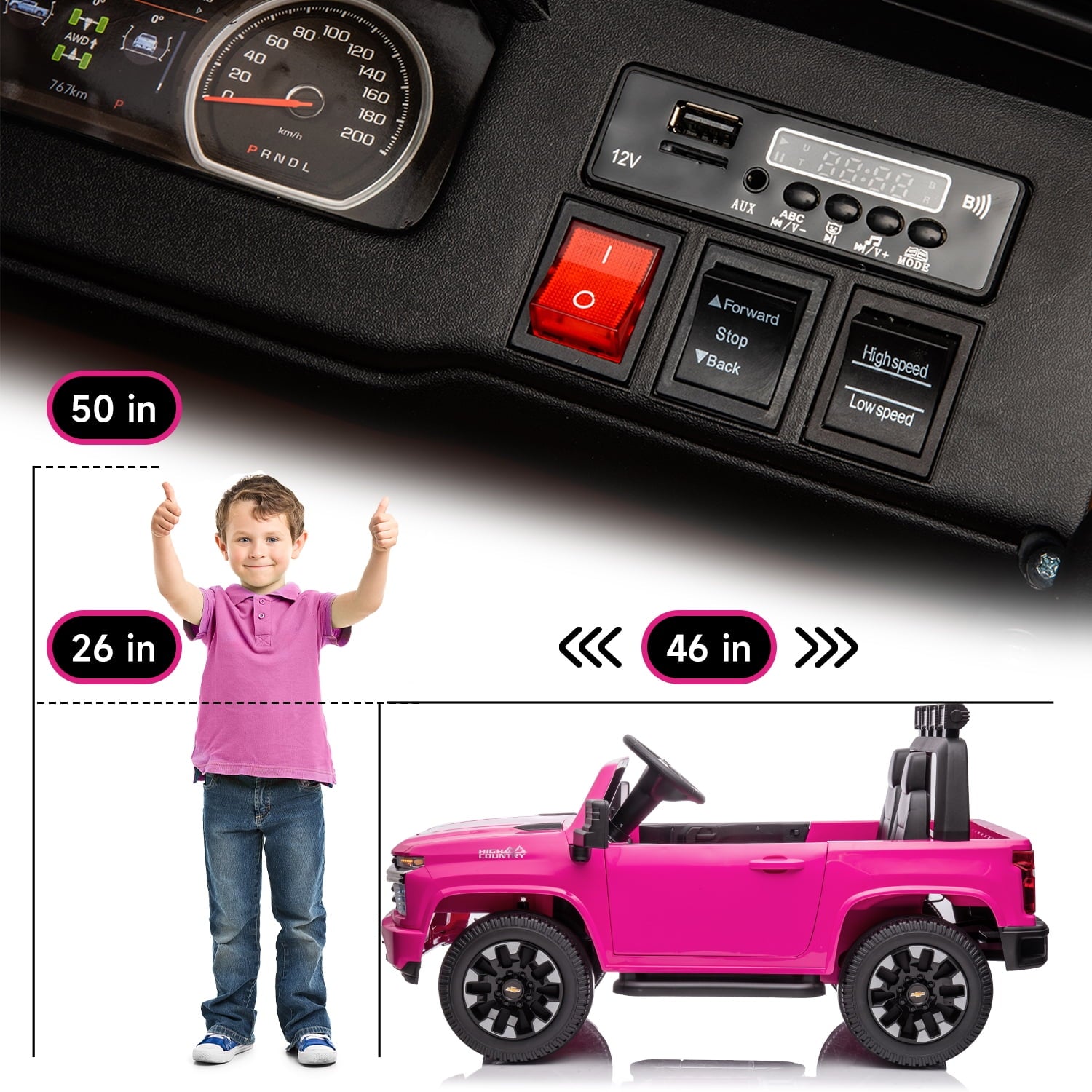 Track Seven 24V Ride on Car, Licensed Silverado HD 2 Seater Electric Car for Boys Girls Age 3+, 24V Ride on Truck w/Remote Control, Music, ABC, Pink