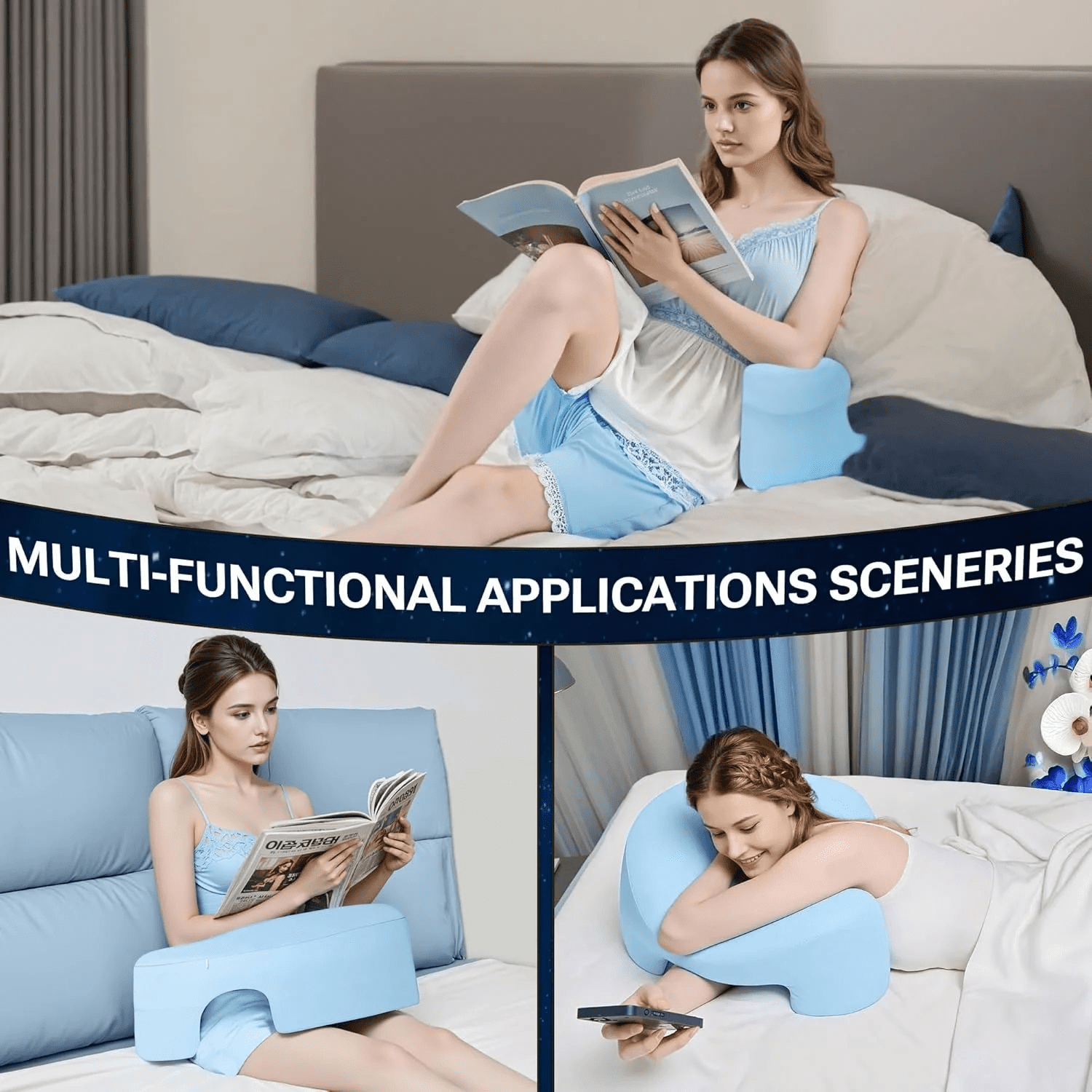 COOKCOK Side Sleeper Pillow for Adults, Ergonomic Memory Foam Pillow with Arm Hole for Neck and Shoulder Pain, Shoulder Pillow for Side Sleepers, Blue