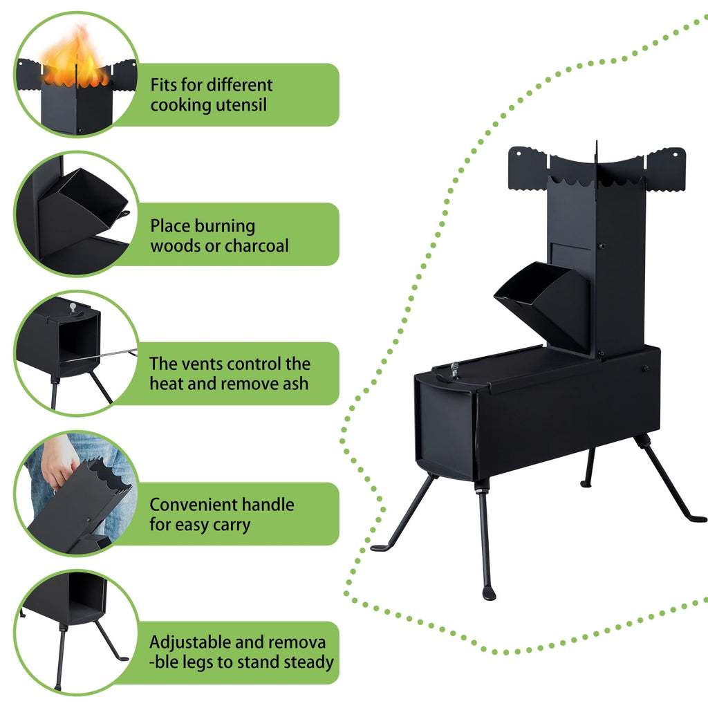 COOKCOK Camping rocket stove, Foldable, 9.44"D x 17"W x 21.3"H, Alloy Steel, Black