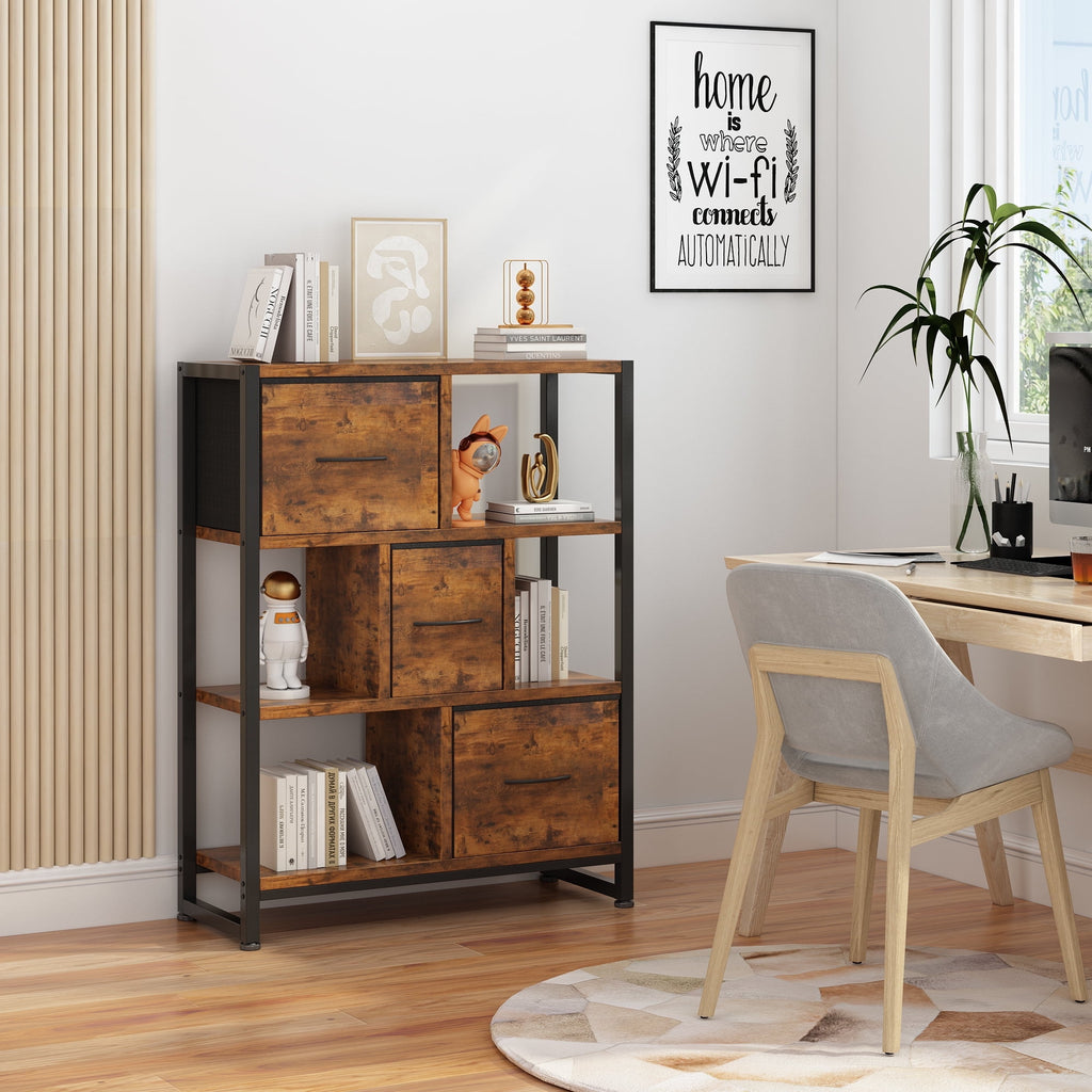 COOKCOK  4 Tier Bookshelf, 40.5'' Tall Bookcase with 3 Non-Woven Fabric Storage Drawers, Industrial Display Standing Shelf Unit in Iron Frame & Solid Wood for Bedroom, Living Room, Entryway, Brown