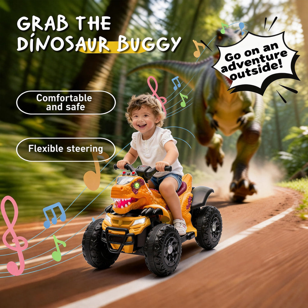 Track Seven 12V Electric Ride-On ATV, Dinosaur Four Wheeler Electric Car with Bluetooth, LED Lights, Music, Electric Quad Ride-On Toy Car for Toddlers Boys Girls Age 2+