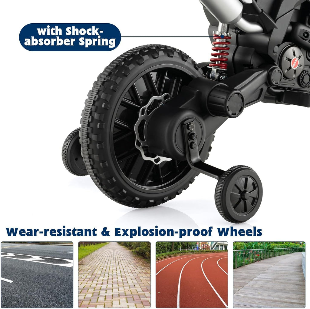 Track 7 12 V Ride on Motorcycle, Licensed Aprilia RX125 Kids Electric Motorcycle with Training Wheels, Spring Suspension, LED Lights, Music, Black