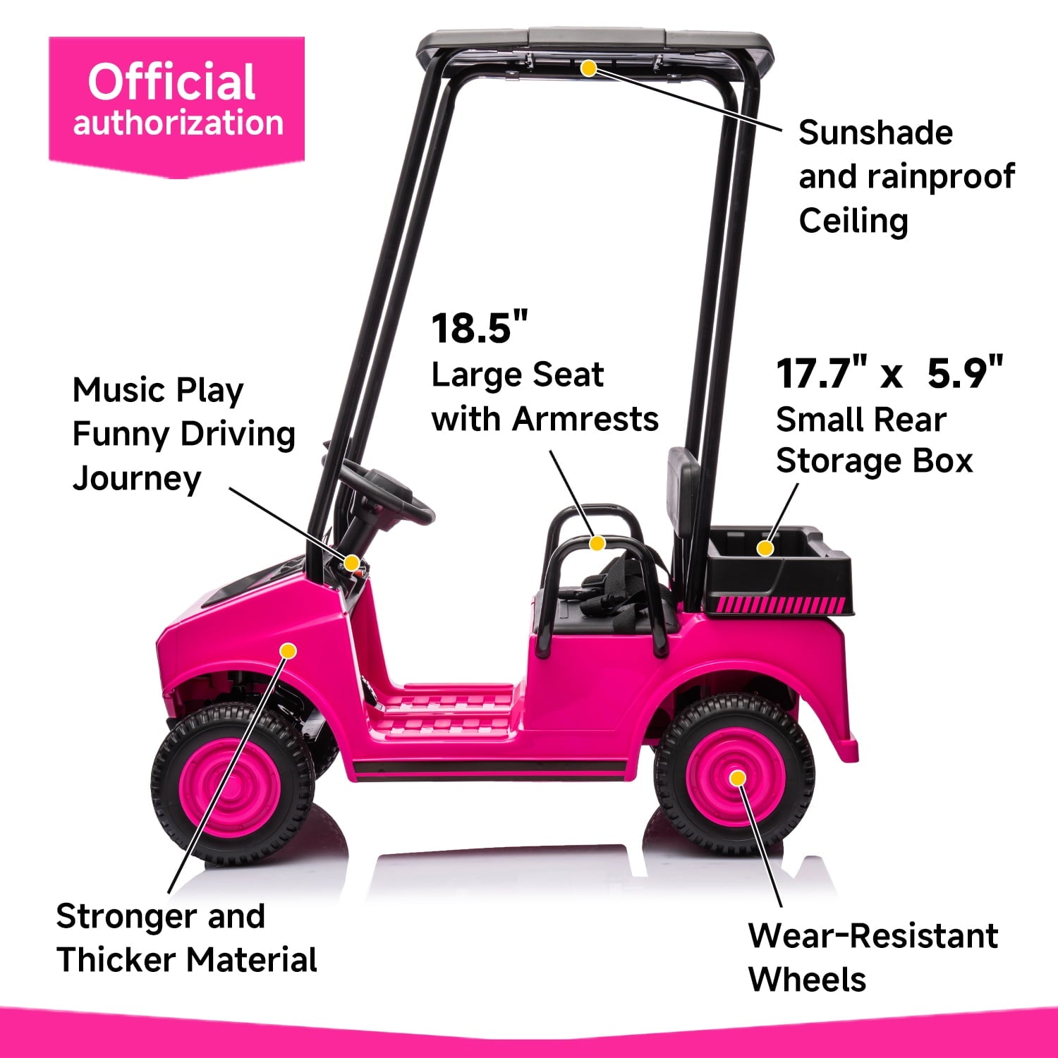 Track 7 24V Ride on Car, Electric Golf Cart with Ceiling, Ride on Truck with Remote Control, Music, Rear Storage Box, Electric Car for Boys Girls Age 3+, 18.5" Large Seat with Armrests, Pink