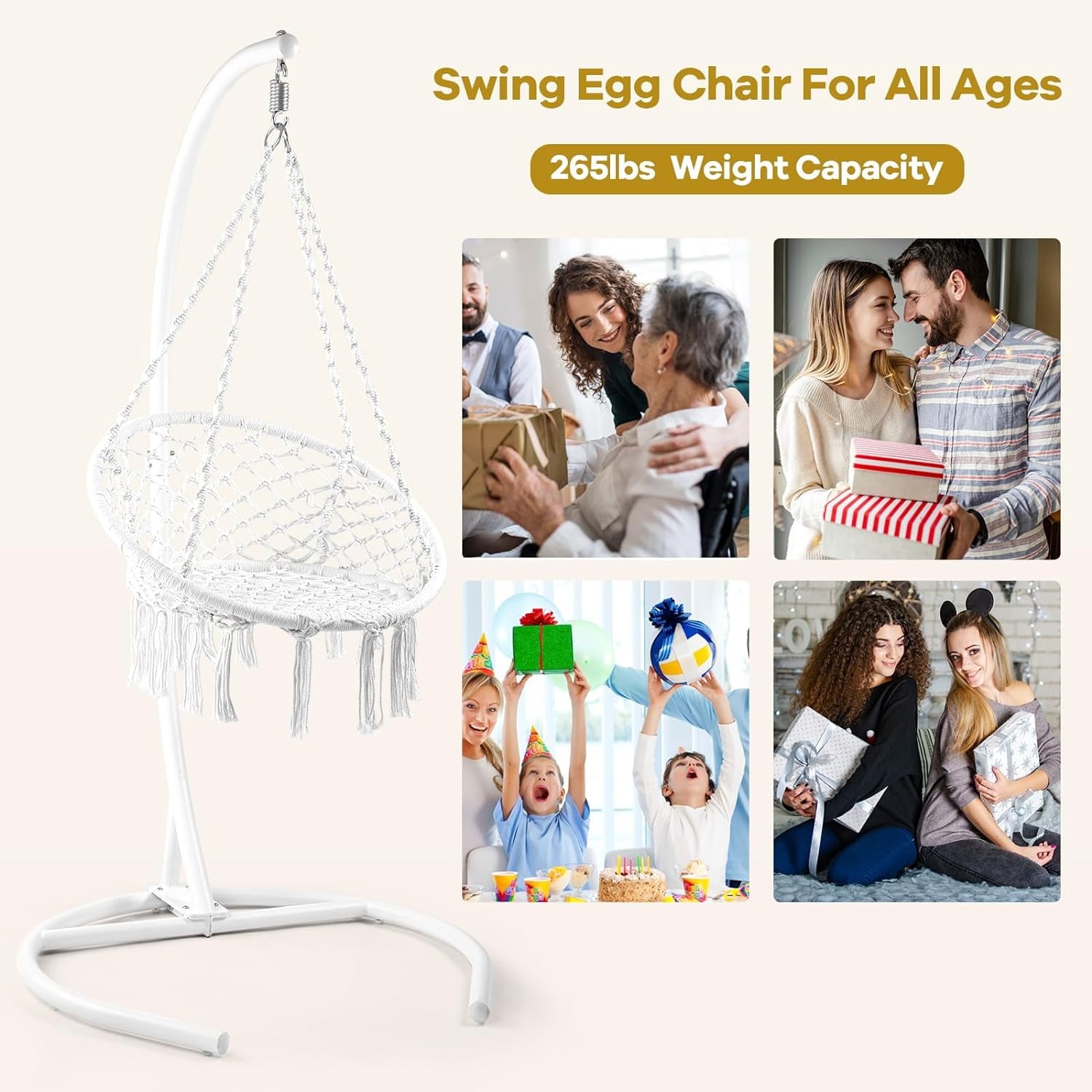COOKCOK Boho Swinging Hammock Chairs with Stand for Bedroom, Patio, Porch, 265LBS Capacity, White