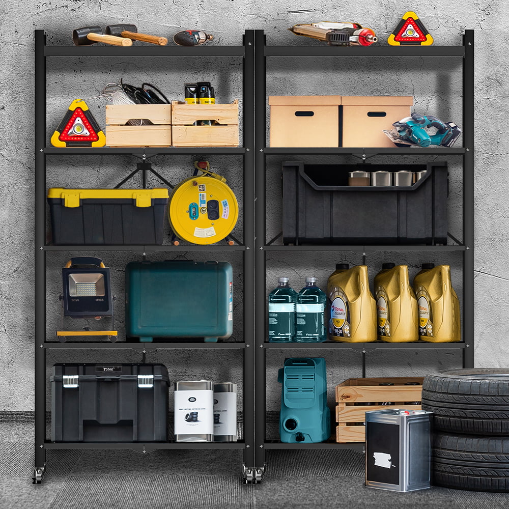 COOKCOK 5-Tier Storage Shelving Unit, Metal Shelf 27.9"x13.4"x62.5, Foldable Storage Shelf with Wheels, Garage Shelf, Metal Storage Rack, Kitchen Shelf with 4 Hooks