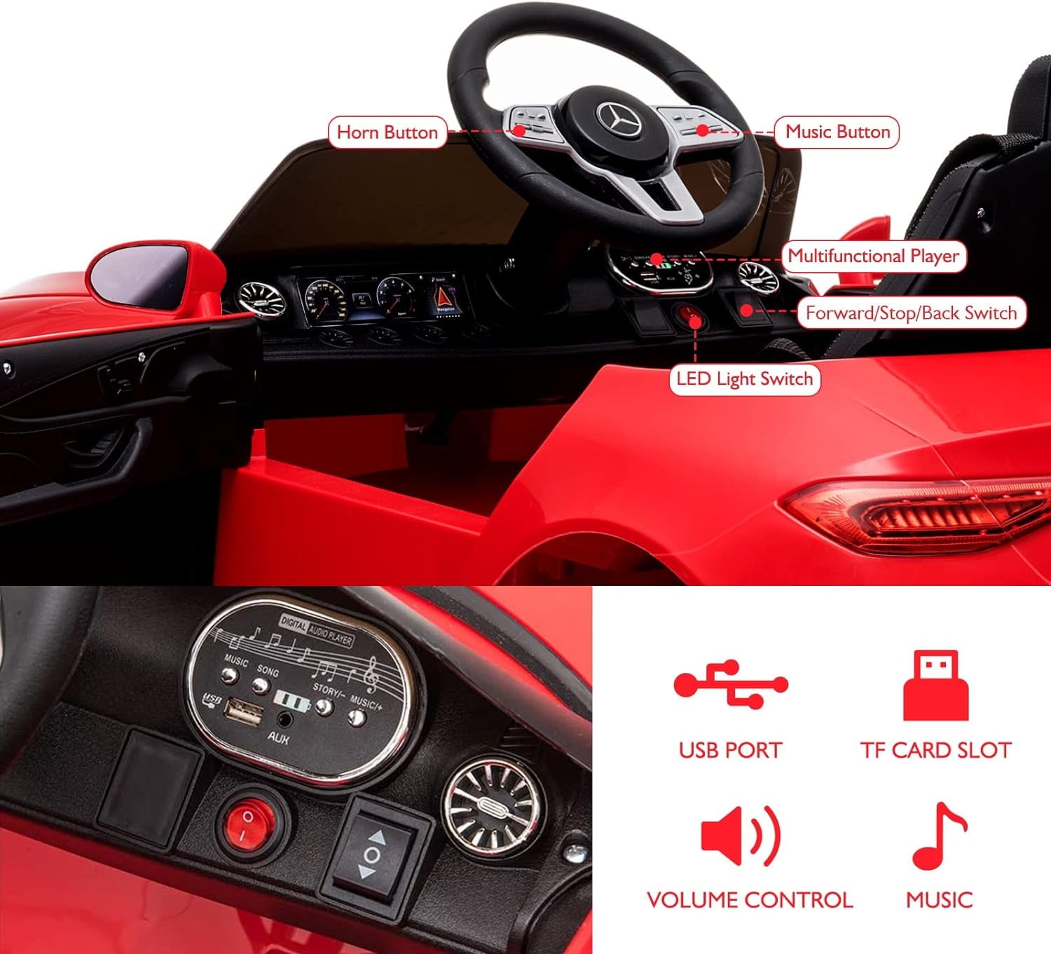 Track 7 12V Ride on Car, Licensed Mercedes-Benz CLS 350 Electric Car for Kids, Ride on Car with Remote Control, Music, Power Display, LED Lights, MP3, Kids Car for Age 3+, Red