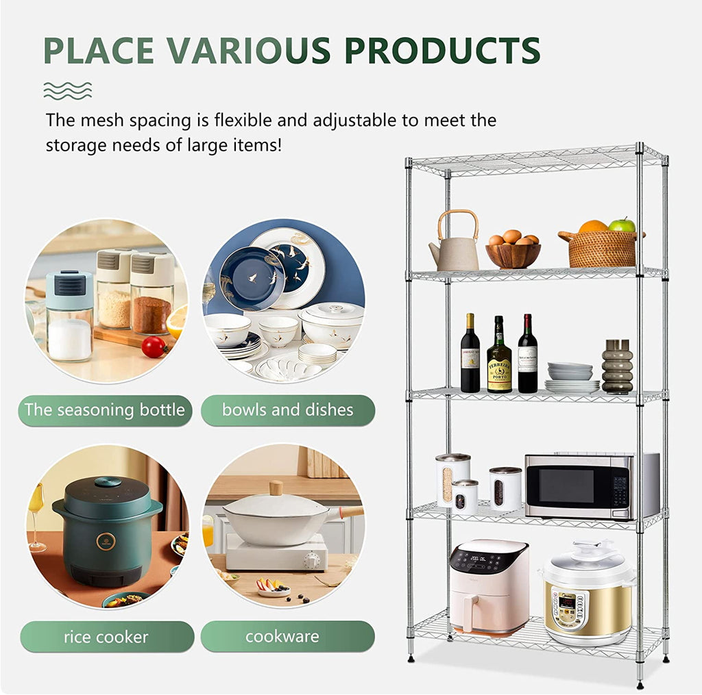 COOKCOK 5-Tier Wire Shelving with Wheels, 35.4"x 13.8"x 65" Heavy Duty Shelf, Height Adjustable Rolling Metal Shelves for Storage,  750lbs Capacity, Silver